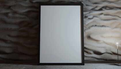 One empty white frame with dark borders, centrally spotlighted and tilted slightly to the right in a modern architectural studio against a wall 