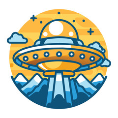 Obraz premium Yellow UFO Landing on a Mountainous Planet with a White Sun
