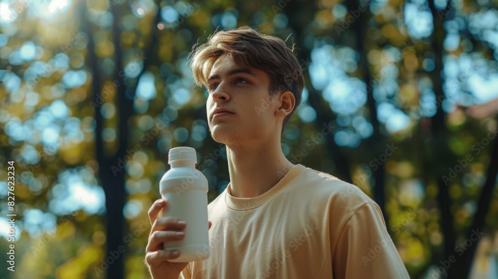 Poster A young man is holding a bottle of water and looking up at the sky. Concept of relaxation and contemplation, as the man takes a break from his day to enjoy the outdoors and stay hydrated