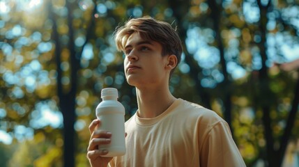 A young man is holding a bottle of water and looking up at the sky. Concept of relaxation and contemplation, as the man takes a break from his day to enjoy the outdoors and stay hydrated