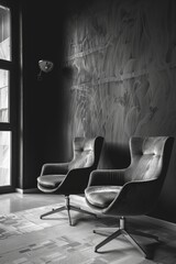Two chairs are sitting in front of a wall with a black and white pattern. The chairs are facing each other, and the room has a minimalist and modern feel