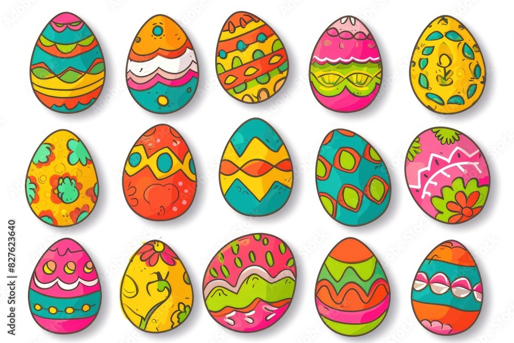 Poster a collection of colorful eggs with different designs and patterns. the eggs are arranged in a grid, 