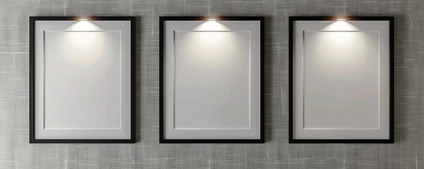 Three empty white frames with dark borders, arranged in a linear fashion against a light gray wall with a textured linen finish 