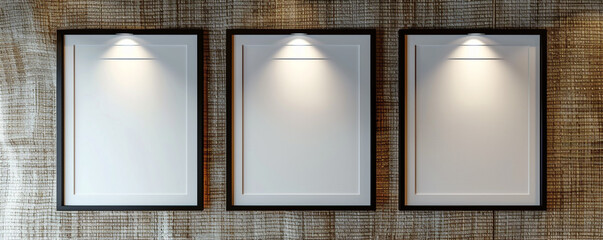 Three empty white frames with dark borders, arranged in a linear fashion against a wall with a textured hemp finish in a high-end architectural office. 
