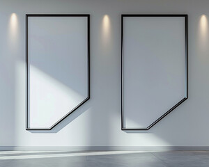 Two empty white frames with dark borders in a sleek, modern architectural design studio, each positioned and spotlighted against a light gray wall. 