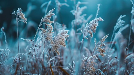 A field of grass covered in frost. The grass is tall and the frost is covering it. The image has a serene and peaceful mood - Powered by Adobe
