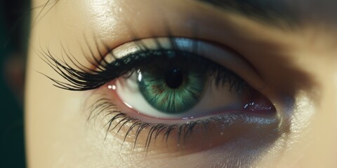 A woman's eye is shown in a close up. The eye is green and has long lashes. The eye is surrounded by a shadow, which adds depth to the image