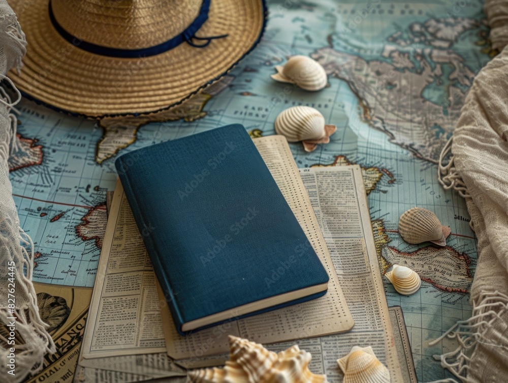 Poster a blue notebook sits on top of a map and a pile of shells. the scene suggests a sense of adventure a