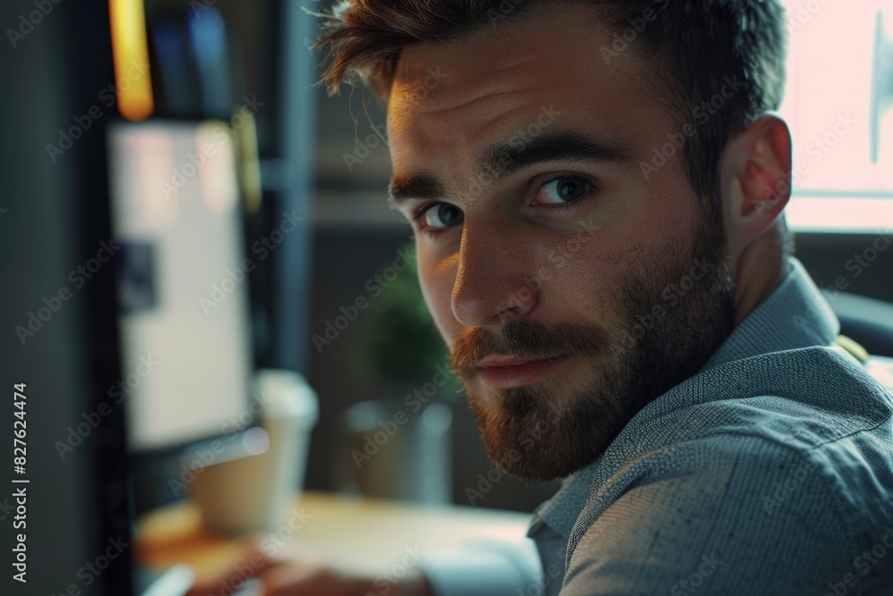 Aufkleber a man with a beard and glasses is sitting at a desk with a computer monitor in front of him