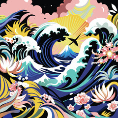Obraz premium Abstract Japanese Wave with Floral and Mountain Elements