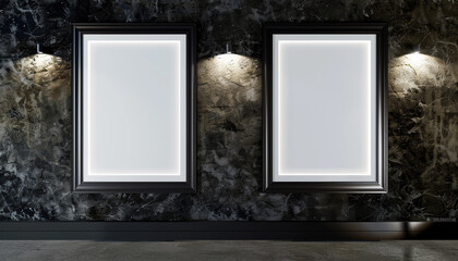 Two empty white frames with dark borders, spotlighted in a sleek architectural design studio against a wall with a luxurious velvet finish. 