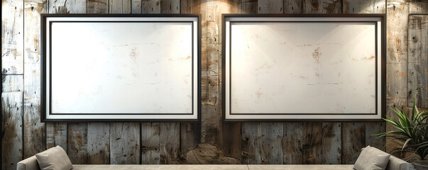 Two empty white frames with dark borders, spotlighted in a sleek architectural design studio against a wall with a weathered wood finish. 