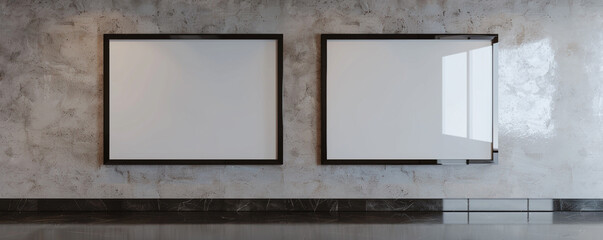 Two empty white frames with dark borders, spotlighted in a sleek architectural design studio against a wall with a high-gloss varnish. 