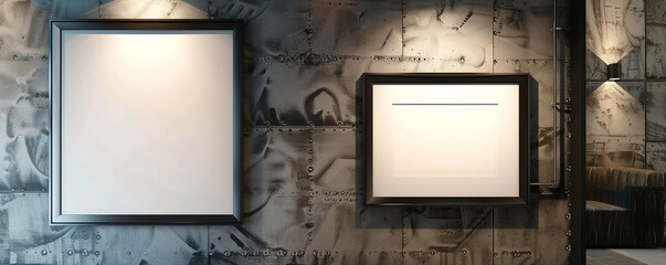Two empty white frames with dark borders in an architectural studio, centrally spotlighted and angled--one facing slightly forward 