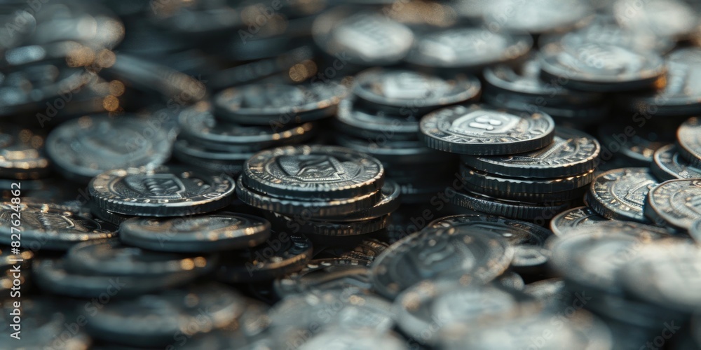 Poster a pile of silver coins with the number 5 on them. the coins are stacked on top of each other, creati