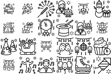 Set Of New Year Party Isolated Silhouette Solid Icons With Decoration,Birthday,Celebration,Party,Festival Solid Icon Collection. Vector Illustration