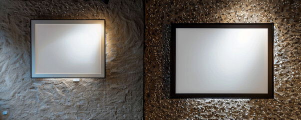 Two empty white frames with dark borders in an architectural studio, centrally spotlighted and angled--one facing slightly forward 