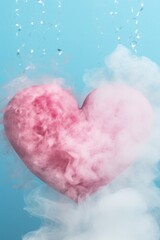 A heart is surrounded by smoke and steam, creating a dreamy and romantic atmosphere. The heart is pink, and the smoke and steam give it a sense of being in a misty, ethereal environment