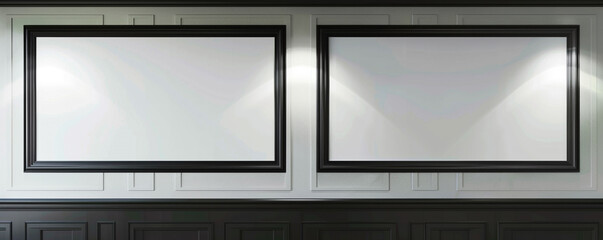 Two horizontal empty white frames with dark borders, each spotlighted against a wall featuring a classic wainscoting design