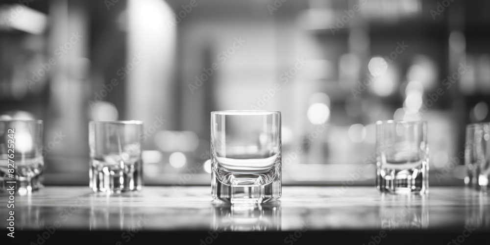Poster a row of glasses are lined up on a counter. the glasses are all empty and the counter is clean. the 