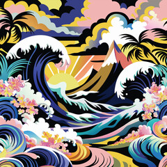 Obraz premium Abstract Tropical Landscape with Waves and Palm Trees
