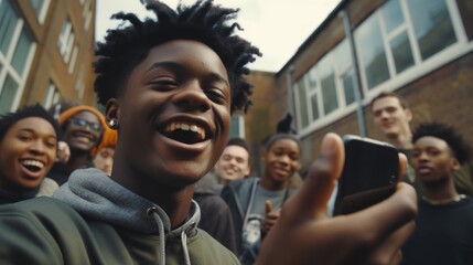 Fototapeta premium A group of young people are smiling and holding up a cell phone. Scene is happy and fun, as the group appears to be enjoying themselves and taking a photo together