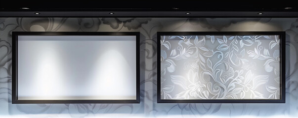 Two horizontal empty white frames with dark borders, each spotlighted against a wall featuring an intricate floral stencil design 