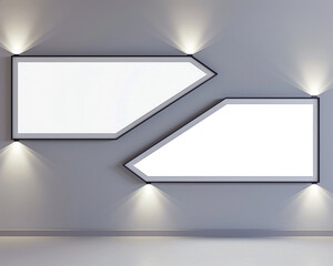 Two horizontal empty white frames with dark borders in a sophisticated architectural office, each spotlighted against a light gray wall. 
