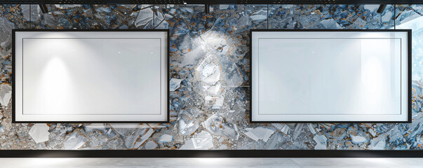 Two white frames with dark borders displayed against a wall with a polished gemstone texture in a state-of-the-art architecture studio. 