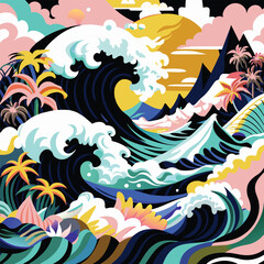 Abstract Illustration of a Wave Crashing Against a Tropical Shore
