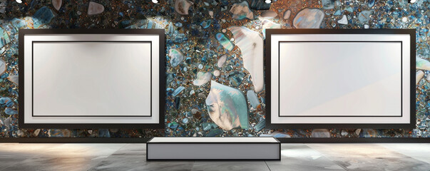 Two white frames with dark borders displayed against a wall with a polished gemstone texture in a state-of-the-art architecture studio. 