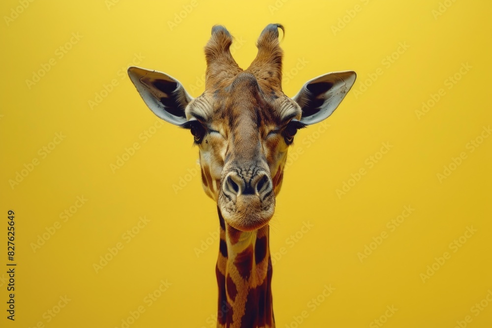 Aufkleber a giraffe is looking at the camera with its mouth open. the yellow background adds a warm and inviti