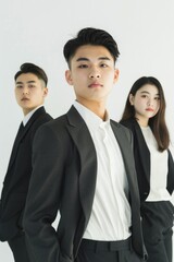 Three people in suits and ties pose for a photo. The man in the middle is wearing a white shirt and black jacket. The photo has a professional and formal feel to it