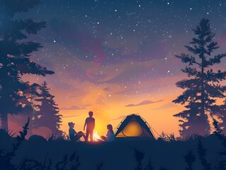 Fototapeta premium Tent Camping Under Starry Night Sky in Forest