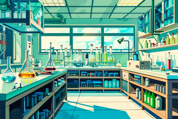 Obraz premium An illustration of the interior of a scientific laboratory, laboratory equipment for conducting tests in chemistry, medicine and biology.