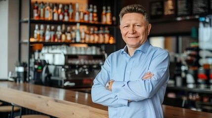 Fototapeta premium Proud Café Owner Smiling In Modern Coffee Shop With Stylish Interior 