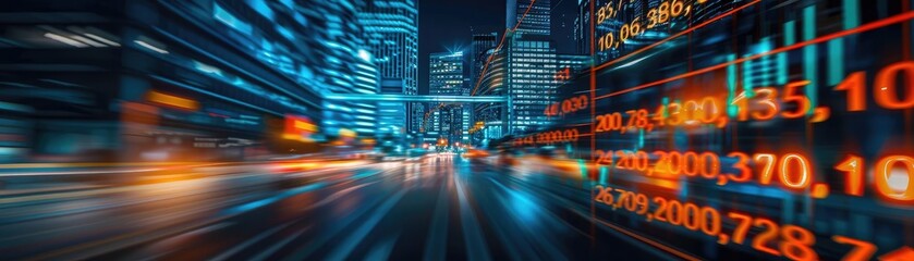 Fototapeta premium Dynamic cityscape with fast-moving light trails and digital stock market display, symbolizing financial growth and urban speed.
