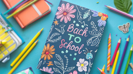 vibrant back to school themed notebook with floral design surrounded by colorful pencils and accessories