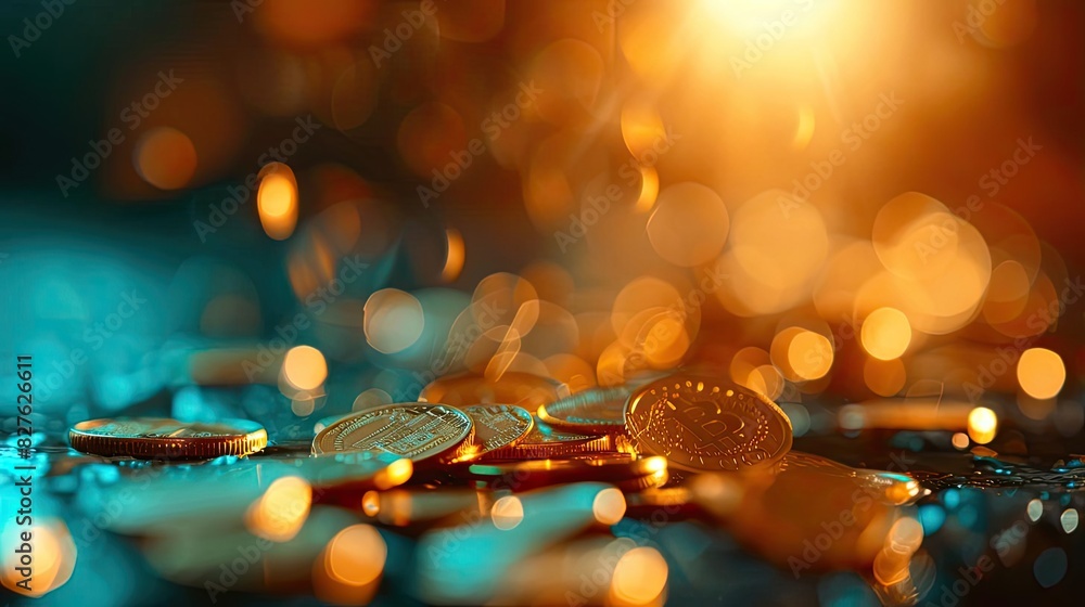 Poster golden coins shimmering in a vibrant bokeh background, creating a warm and rich atmospheric scene of