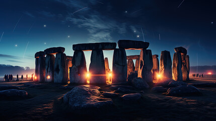 Contemporary Fire Torches on An Ancient Stone Circle Landscape Background