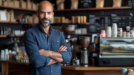 Obraz premium Friendly Businessman Standing In Cozy Coffee Shop With Warm Lighting