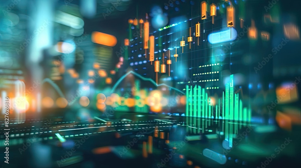 Poster abstract financial data visualization with stock market charts, glowing lines, and graphs representi
