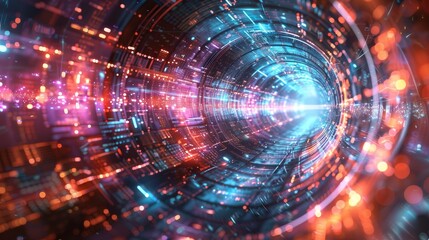 Obraz premium Futuristic digital tunnel with vibrant neon lights and glowing patterns, representing advanced technology and speed of data transfer.