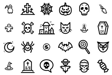 A Collection Of Halloween Icons Web Header Banner Design Containing Ghost,Death,Trick-Or-Treat,Halloween,Horror Vector Icon Set Linear Pictogram Pack