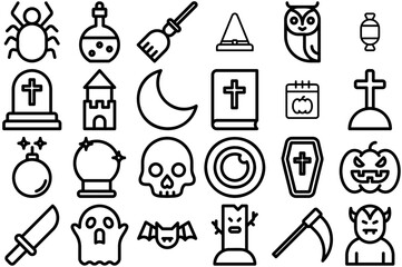 A Collection Of Halloween Icons Web Header Banner Design Containing Death,Halloween,Funeral,Spooky,Scary Set Vector Flat Line Icons