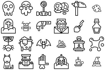 Set Of Linear Halloween Isolated Silhouette Solid Icons With Witch,Halloween,Spooky,Horror,Scary Stroke Icon Collection. Vector Illustration