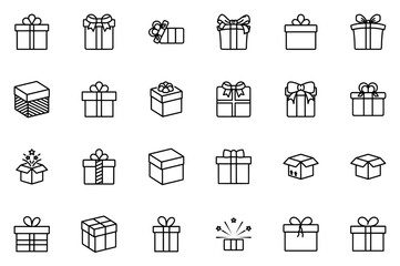 Set Of Linear Gifts Icons Collection Isolated Silhouette Solid Icons Including Present,Gift,Surprise,Box,Birthday Simple Black Style Symbol Sign For Apps And Website, Vector Illustration