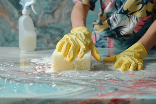 cleaning a colorful messy surface with a sponge and yellow gloves