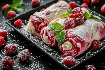 Three ice cream rolls with raspberries and mint on top. The raspberries are scattered around the...
