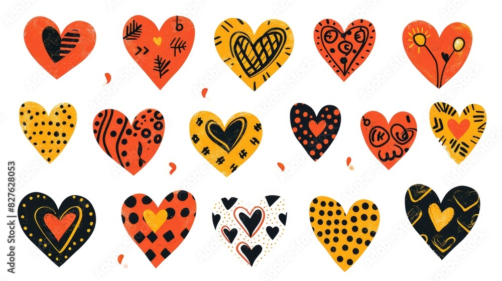 Poster a collection of hearts with different designs and colors. the hearts are scattered across the image,